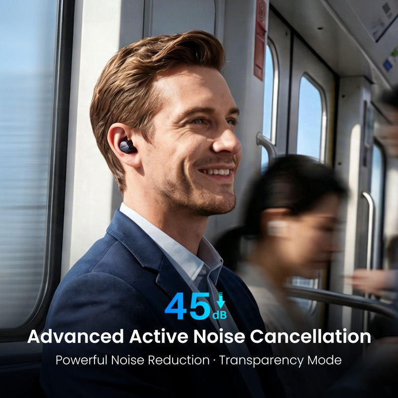 Commuter using TOZO earbuds on the train